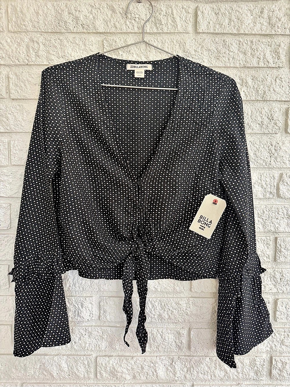 Billabong Polka Dot Tie Front Long Sleeve Crop Top Blouse Black & White Medium